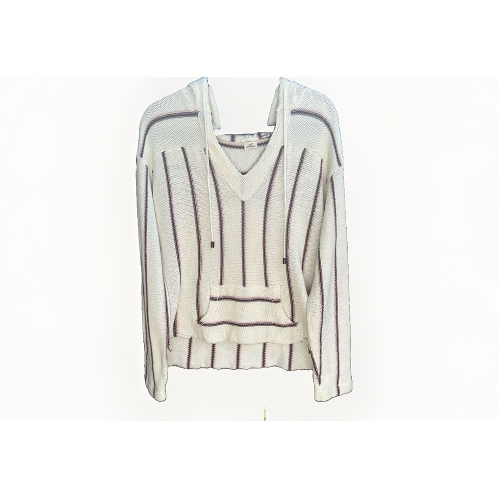 ONeill Womens Baja Knit Hoodie Striped V-Neck Pullover‎ Cream Brown Sweater